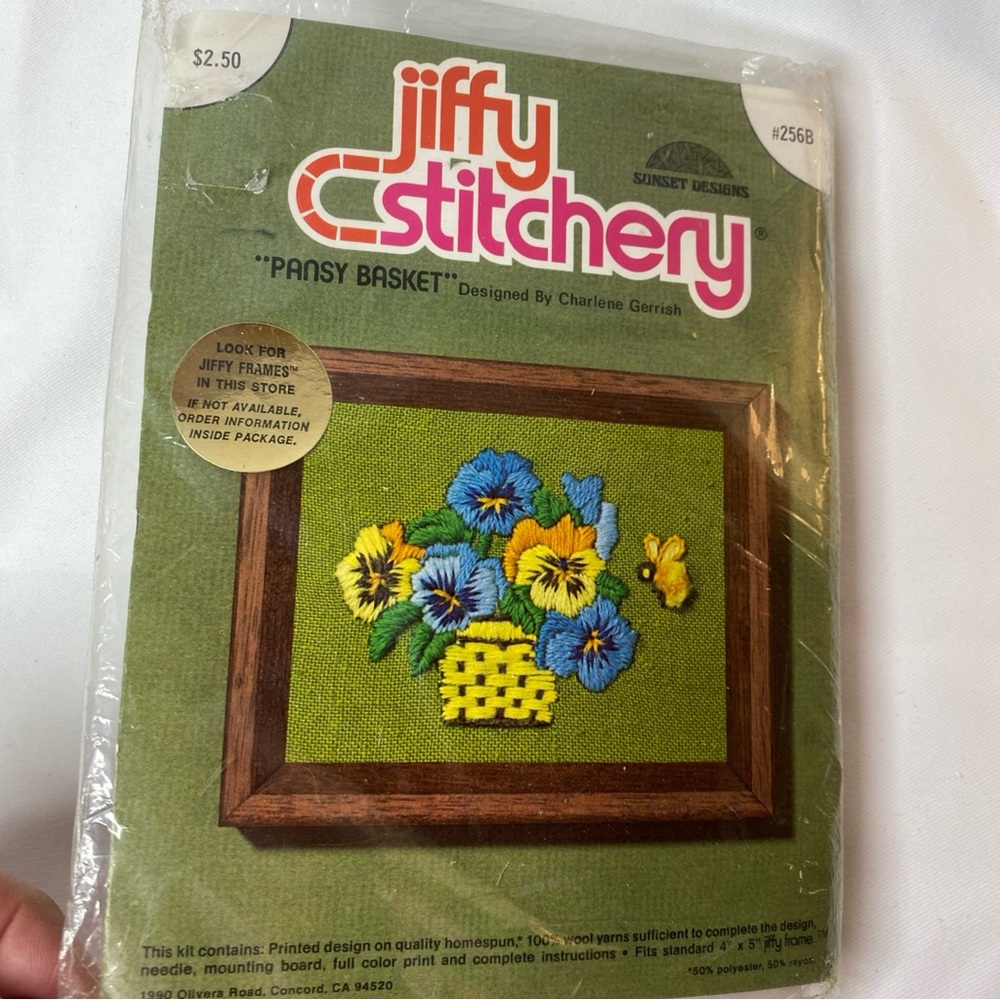 Jiffy Stitchery Pansy Basket Crewel Embroidery Kit 4x5 new #256B VTG 1990